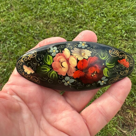 Hand Painted Lacquer Hair Barrette — Floral Russian Folk Art Style 4" Clip - Picture 11 of 12